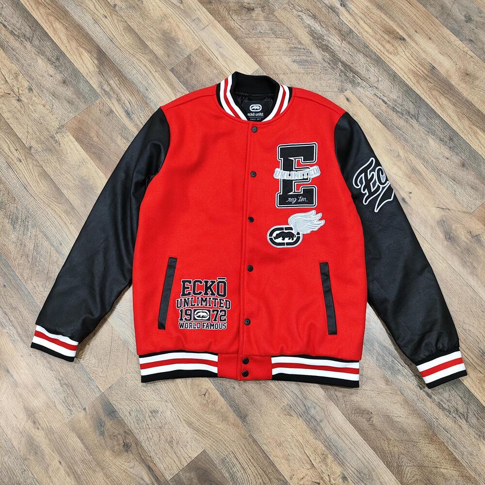 Ecko Unltd Jacket Mens Medium Red Black Varsity Faux Leather Sleeves Snap Front
